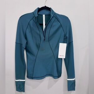 Lululemon Two- Tone Ribbed Running Half ZipTeal Blue Striped Athletic Top Size 6